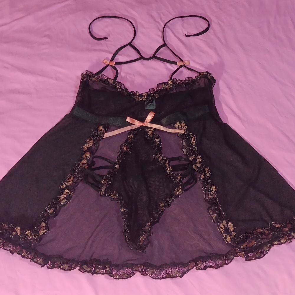 G World Intimates Peachy Pink & Black Lace Sheer Sexy Chemise Lingerie (OS)🍑